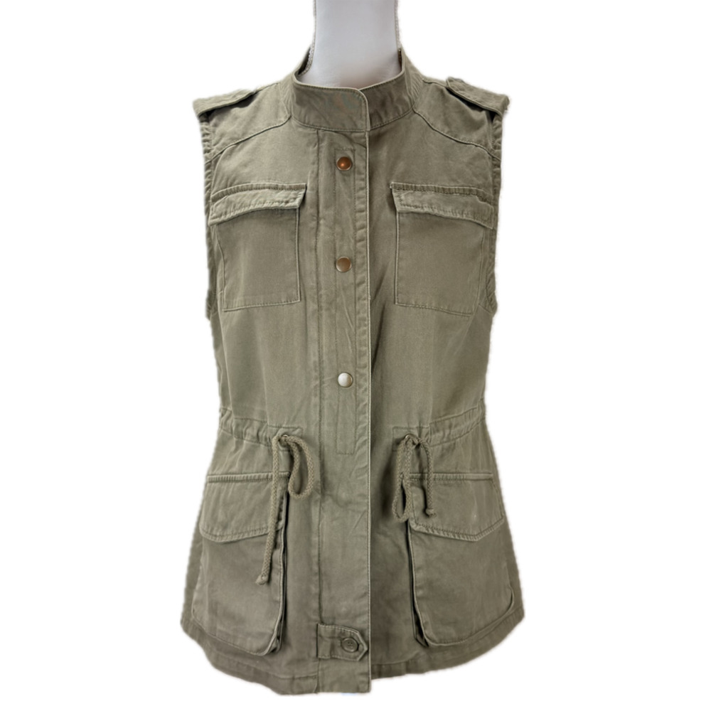 Per Se Women M Olive Green Cargo Utility Vest Pockets Drawstring 100% Cotton